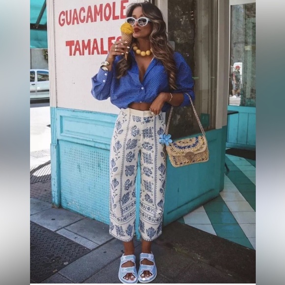 Zara Linen Embroidered Culottes Wide‎ Leg Pants Size Large - Picture 2 of 16